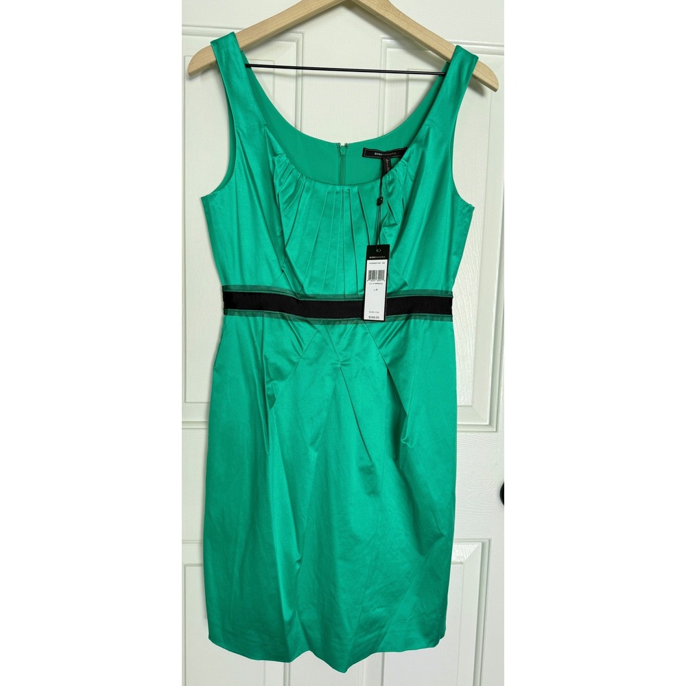 NWT BCBG Max Azria 6 Emerald Green Mini Dress Pleats Black Ribbon Cocktail Party